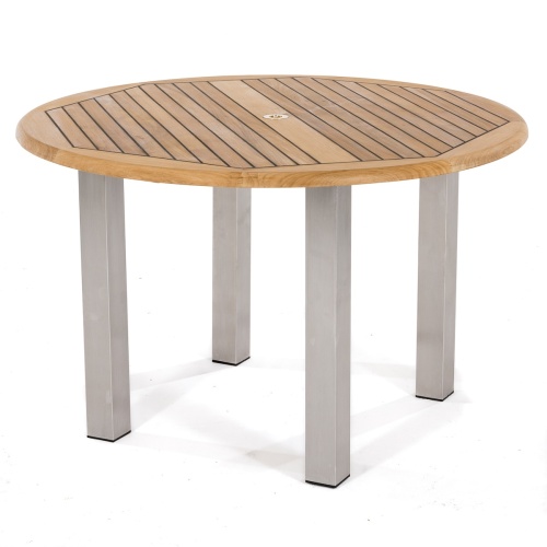 25013 Vogue Teak and Stainless Steel 4 foot Round Dining Table angle side view on white background