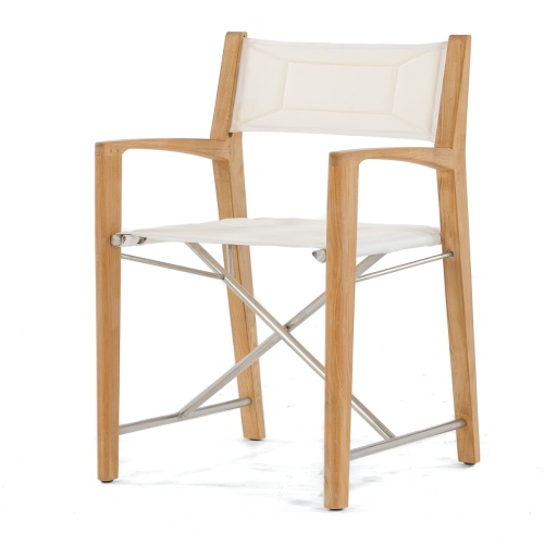 70651 Odyssey teak and stainless steel directors chair in canvas fabric opened in side front facing view on white background
