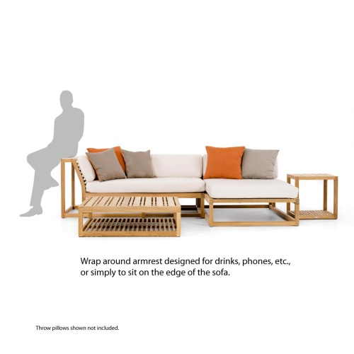 70658 Maya 4pc Lounge Set with cushions and four throw pillows showing silhouette leaning against the armrest on white background