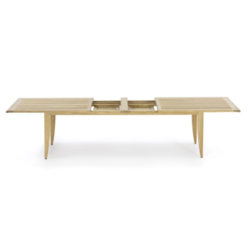 70788 Grand Laguna Rectangular 11 foot Teak Table side view showing dual butterfly leaf extenders in open position on white background