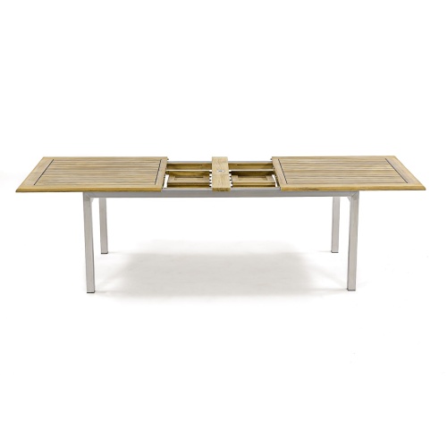70826 Vogue Veranda teak and stainless steel dining table showing stored double butterfly leaves on white background