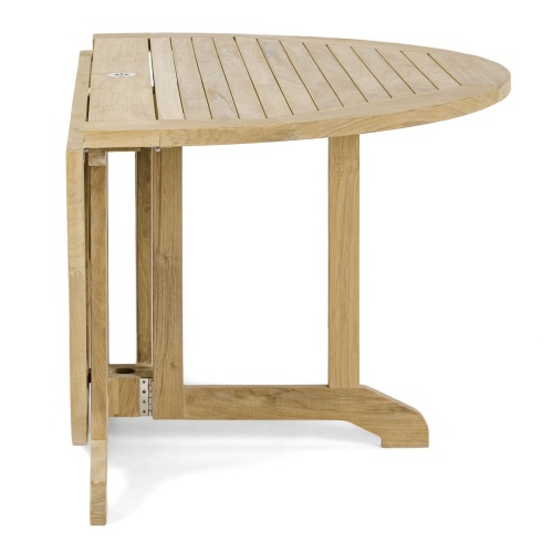 70845 Barbuda Surf teak folding round 60 inch diameter dining table showing half folded down on white background