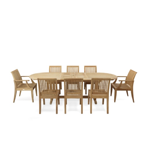 70926  Laguna Montserrat 9 pc Dining Set of Montserrat Oval Teak Table and 2 Laguna Dining Armchairs and 6 Laguna Side Chairs angled side view on white background