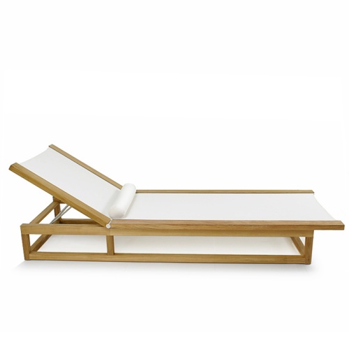 70930 Maya Teak Double Sling Lounger in white textilene mesh fabric and bolster cushion side view on white background