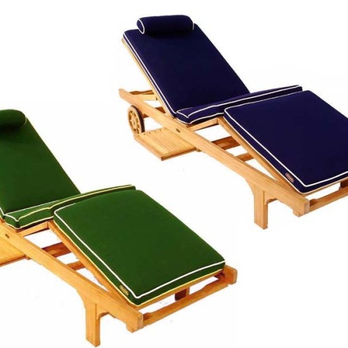 image of two 71101MTO Sunbrella Lounger Cushions in forest green and navy blue color angled view on white background