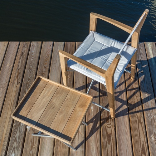 12915RF Refurbished Odyssey Director Chair aerial view next to side table on wooden dock overlooking the water on white background