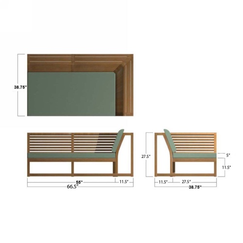 13801RFDP Maya teak Left Side Sectional autocad in aerial and side and rear view on white background