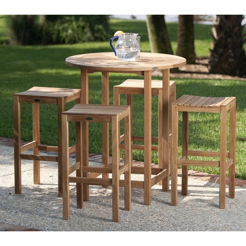 15334 Somerset teak 36 inch diameter Round Table and 4 backless barstools on stone patio a pitcher of ice water on table overlooking grass and trees in background