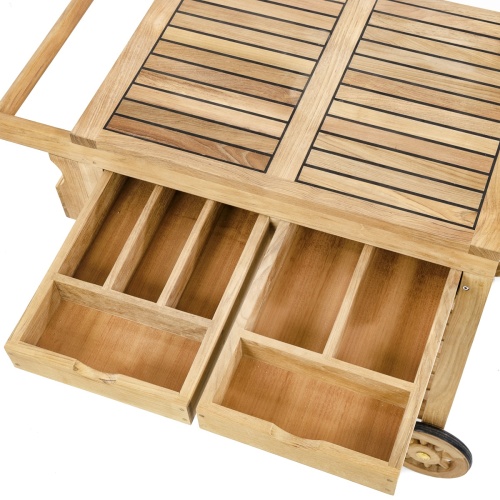 17105 Alicante teak Trolley Cart angled view showing drawers on white background