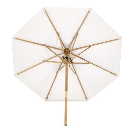 17540 somerset eight foot round teak umbrella showing the inside view with white canvas canopy extended on white background