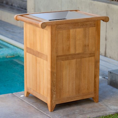 18166RF Palazzo II Teak Trash or Towel Receptacles refurbished side angled view on concrete deck next to a pool