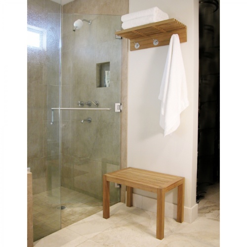 18730 Pacifica Towel Shelf hanging on bathroom wall by shower with stool underneath