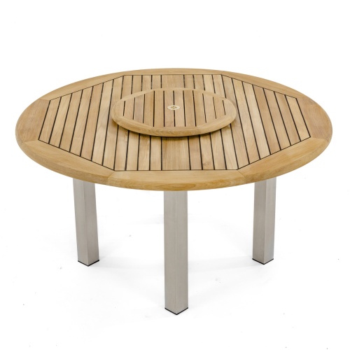 25014 Vogue teak and stainless steel 5 foot Round Table top angled view with optional lazy susan on white background