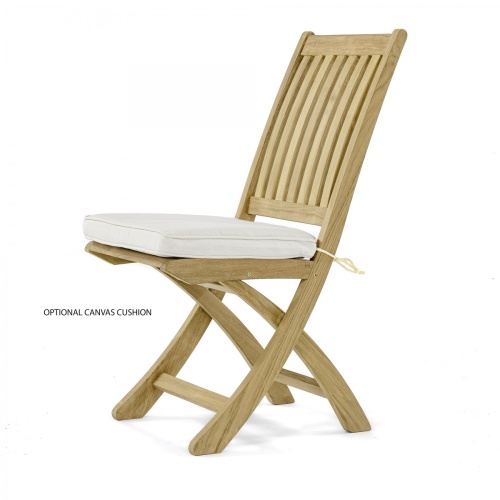 70056 Hyatt Barbuda teak folding side chair right side angled with optional canvas colored seat cushion on white background