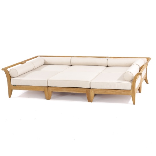 70100 Aman Dais 6 piece teak daybed set with canvas colored cushions angled aerial view on white background