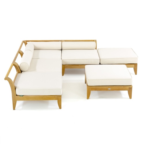  70121 Aman Dais 6 piece teak sectional set aerial view with canvas colored cushions on white background