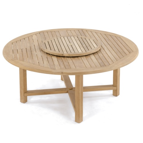  70154 Buckingham round teak table with optional teak lazy susan top angled on white background