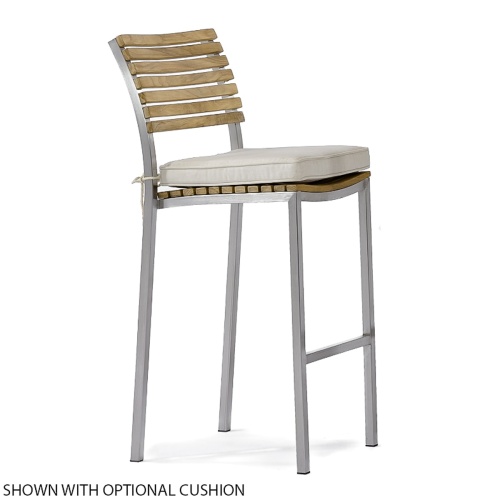 70167 Vogue stainless steel and teak bar stool right view with optional canvas color cushion on seat on white background