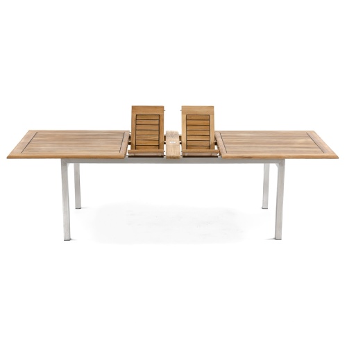 70176 Vogue stainless steel and teak rectangular dining table showing leaf extensions on white background