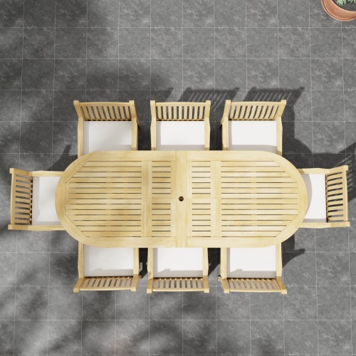 70178 Montserrat Veranda Teak 9 pc Dining Set of Montserrat Dining Table and 8 Veranda Side Chairs with optional seat cushions in aerial view of table top on patio
