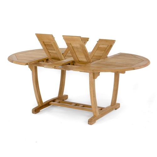 70214 Martinique Teak extension dining table angled showing double butterfly leaves partially expanded in v on white background