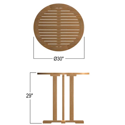 15771 Teak 30 inch Round Bistro Table showing autocad of table top and side views on white background