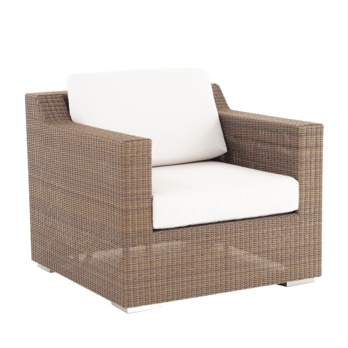 70253 Malaga 3 piece Wicker Lounge Set closeup view of Armchair with seat cushions and coffee table with glass top on white background