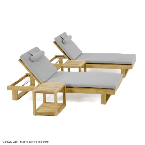 70308 Horizon teak double chaise set with cushions and teak side tables right side angled view on white background