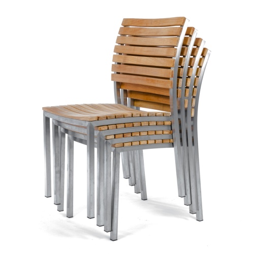 70443 Vogue teak and stainless steel square dining side chair stacked 4 high angled side view on white background