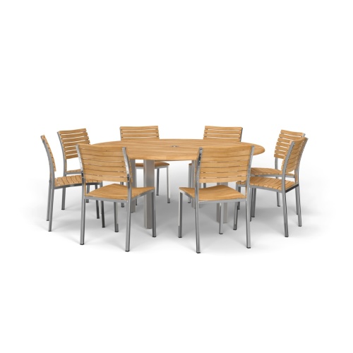 70444 Vogue Teak Dining Set for 8 of  Vogue 6 ft Round Table and 8 Vogue Side Chairs in angled side view on white background