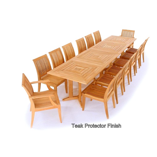 70447 Pyramid Rectangle teak patio table for 14 with teak protector in end view on white background 