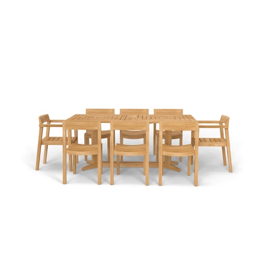 70462 Pyramid Horizon 9 pc Teak Dining Set of a Pyramid Rectangular Table and 2 Horizon Dining Chairs and 6 Horizon Side Chairs in side view on white background