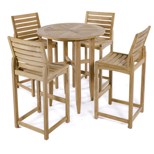 70532 Teak 5 piece Bar Table Set of 4 Somerset barstools around a Laguna Table aerial view on white background