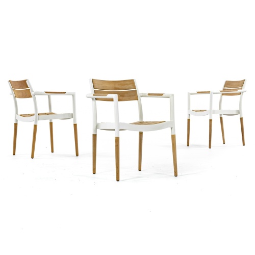 70604 Bloom teak and powdered coated aluminum side chair showing 3 in left side view and right side view and angled front view on white background