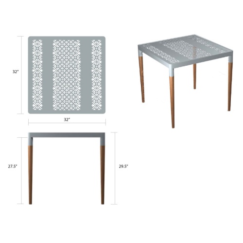 70613 Bloom 32 inch square teak and powder coated aluminum Dining Table autocad of side and angled and table top views on white background