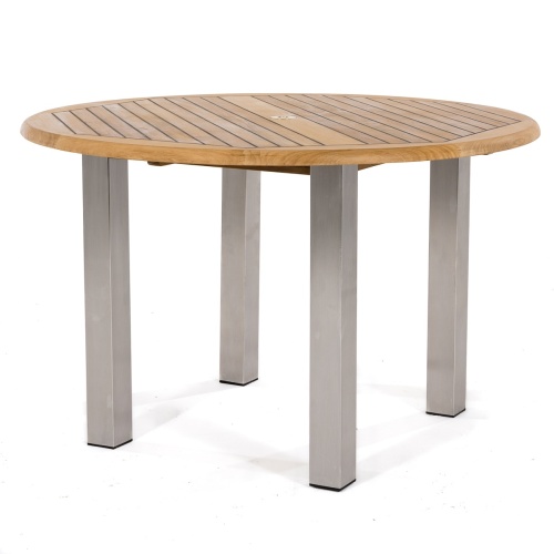 70620 Vogue Laguna teak and stainless steel 4 foot round dining table side angled view on white background