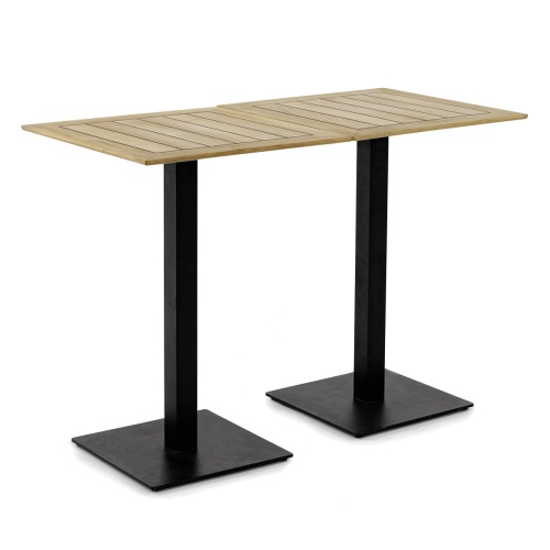 70692 Teak 30 inch high bar table on a black pedestal stainless steel base showing 2 together to form a rectangular table in angled side view on white background