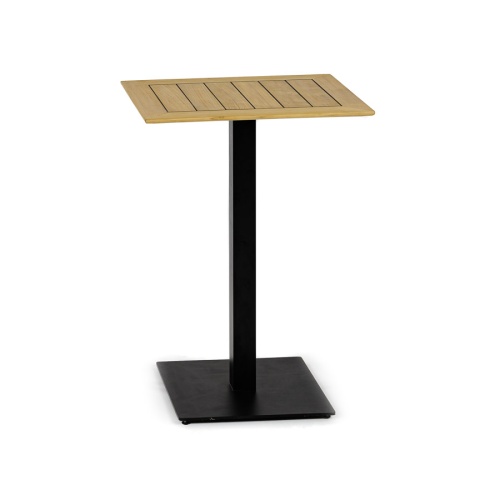 70693 Somerset high bar table of a teak 30 inch square table top attached to a gar black metal pedestal bar height table base angled side view on white background