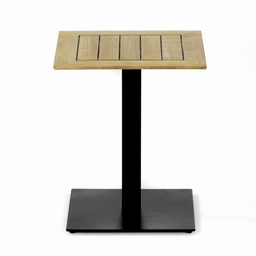 70695 Vogue Horizon dining table showing 30 inch square teak table top on a dining height black metal pedestal table base angled side view on white background
