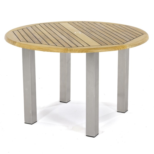 25013 Vogue 4 ft Round Teak and Stainless Steel Dining Table angled on white background