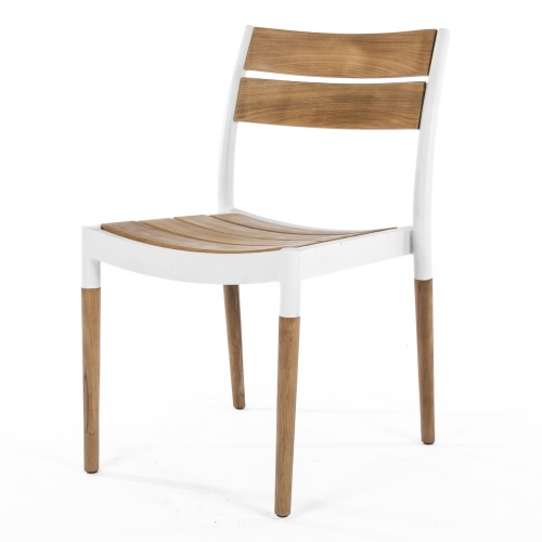 70751 Bloom teak and white powder coated aluminum Dining Side Chair angled on white background
