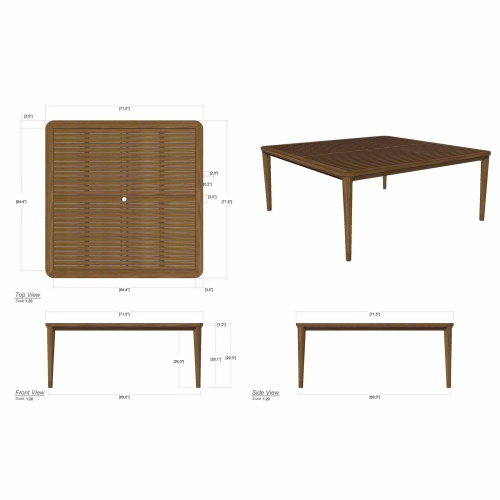 70868 Veranda 6 foot Square Teak Table autocad of table top view and side view and corner angled view on white background