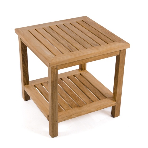 70876 Veranda Teak End Table top and side angled view on white background