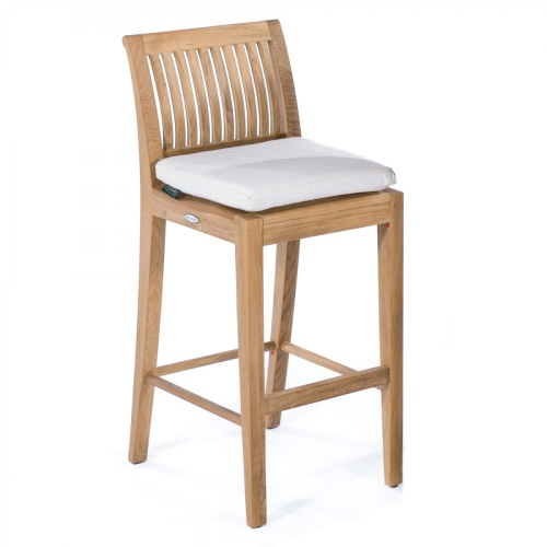 11910 - Laguna Side Teak Barstool angled view with optional canvas color cushion on white background