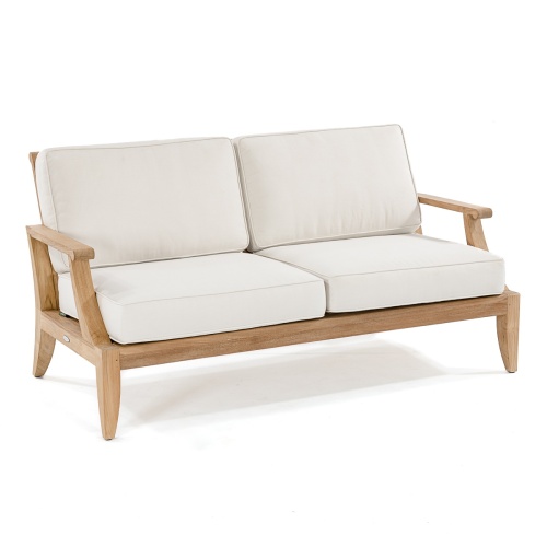 13152DP Laguna teak loveseat with canvas colored cushions angled on white background
