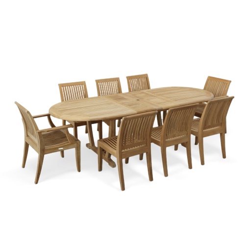 thumbnail image of 70926 Laguna Montserrat 9 piece Dining Set of Montserrat Oval Teak Table and 2 Laguna Dining Armchairs and 6 Laguna Side Chairs angled end view on white background