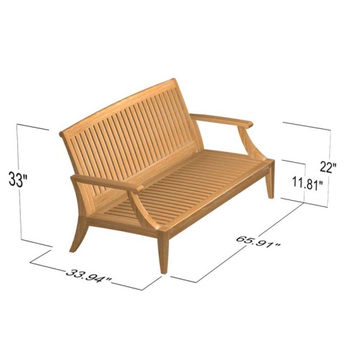 13152RF laguna teak loveseat teak frame showing autocad of angled side view on white background
