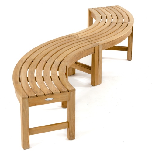 13937 Buckingham teak backless curved bench showing 2 curved benches in S shape angled end view on white background