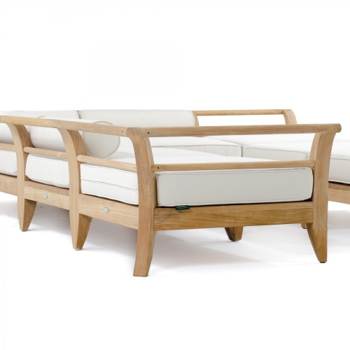 70100 Aman Dais 6 piece teak daybed set with canvas colored cushions angled low side view on white background