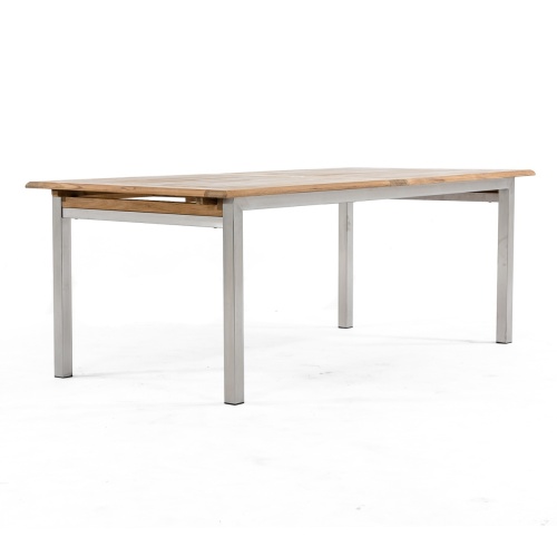 70176 Vogue stainless steel and teak rectangular dining table side angled end view on white background